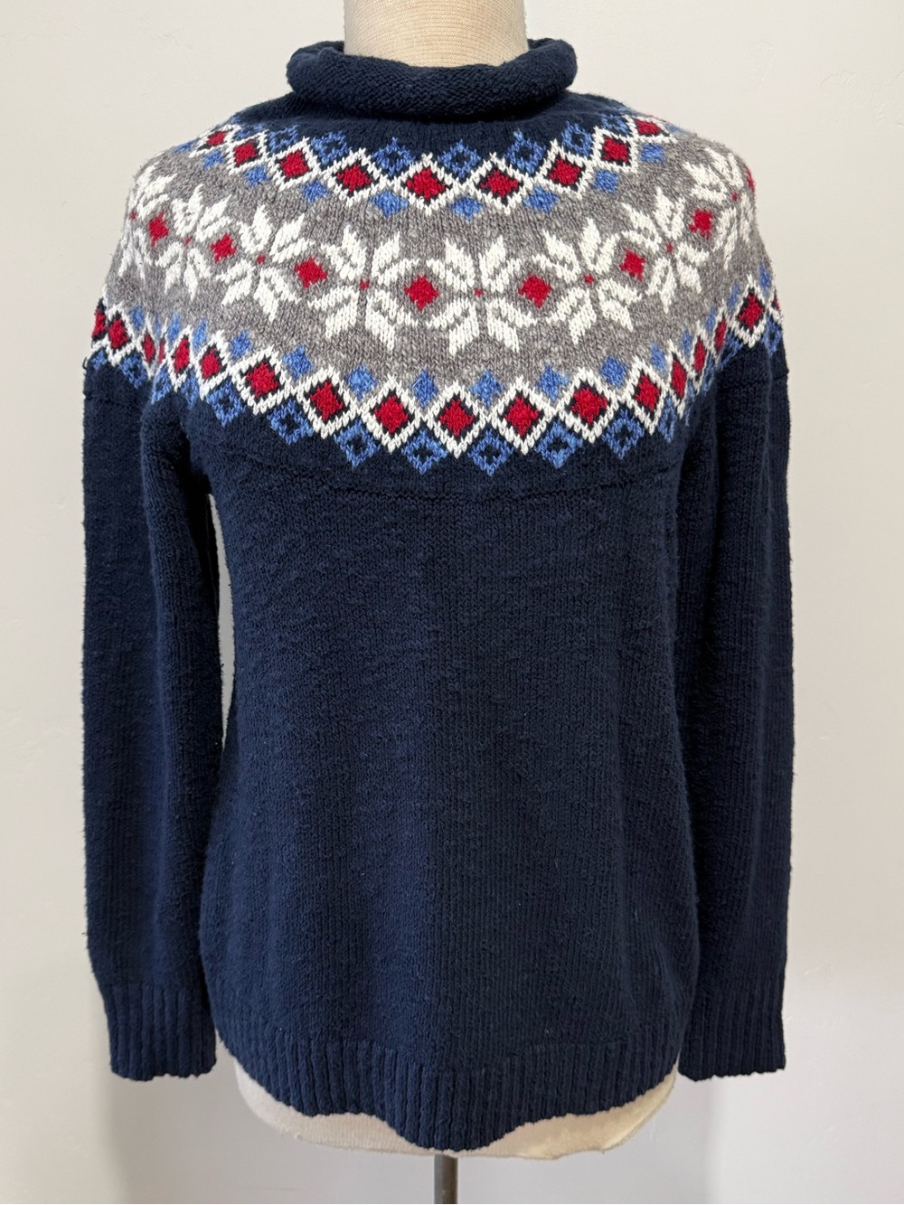 Vintage L.L. Bean Navy Fair Isle Turtleneck Sweater with Red, Gray, White & Blue